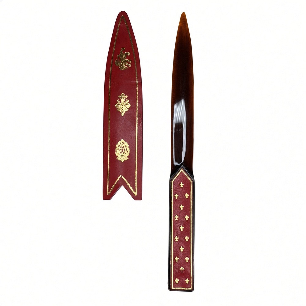 Vintage Italian Florentine Leather Letter Opener Gold Gilt Fleur De Lis Red Set